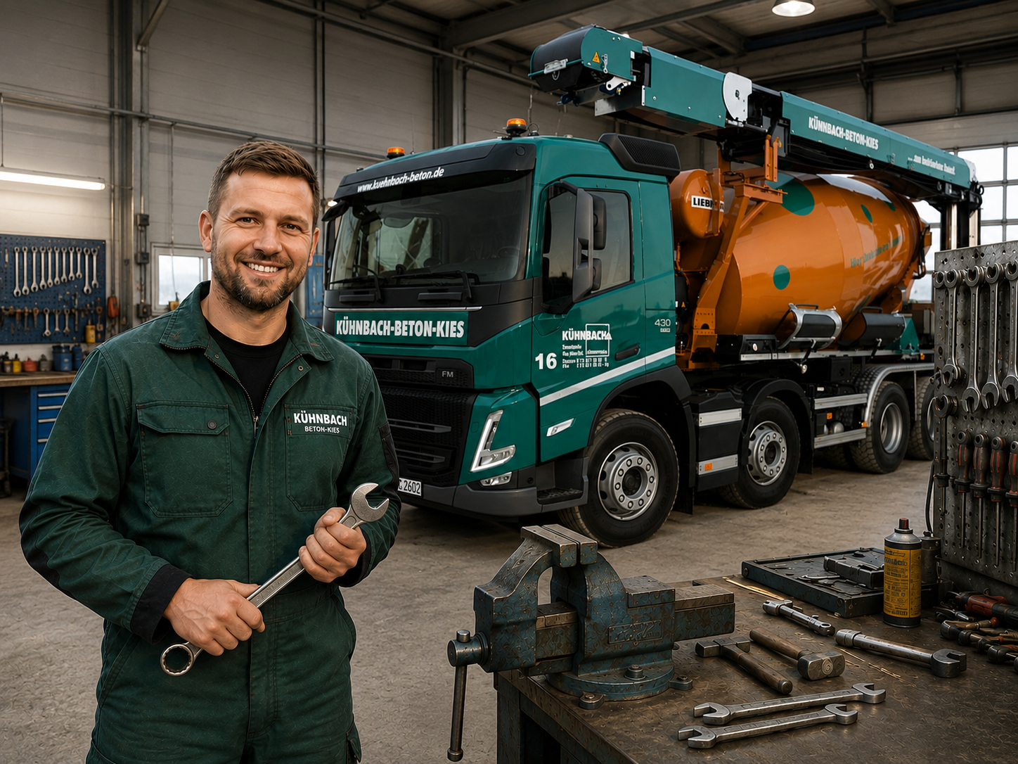 Betriebsschlosser mit Schraubenschlüssel in der Werkstatt vor einem Kühnbach-Fahrmischer